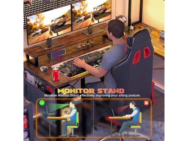 Aheaplus Small L Shaped Gaming Desk with LED Lights & Power Outlets, Reversible L-Shaped Computer Desk with Monitor Stand & Storage Shelf, Corner...