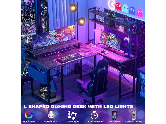 Aheaplus Small L Shaped Gaming Desk with LED Lights & Power Outlets, Reversible L-Shaped Computer Desk with Monitor Stand & Storage Shelf, Corner...