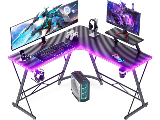 Mr IRONSTONE Gaming Desk with LED Lights, L Shaped Desk Corner with Cup Holder & Headphone Hook, Computer Desk Home Office Desks with Large Monitor...