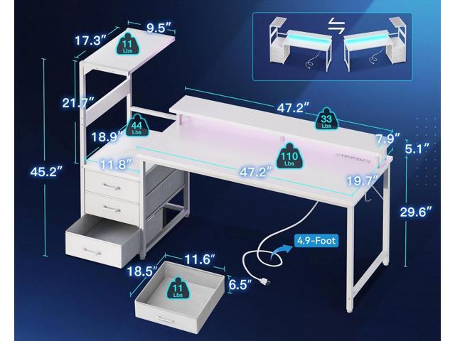 Casaottima 59 Inch Gaming Desk with USB Charging Ports & LED Light - Reversible Computer Desk with 3 Fabric Drawers, Monitor Stand, CPU Stand, and...