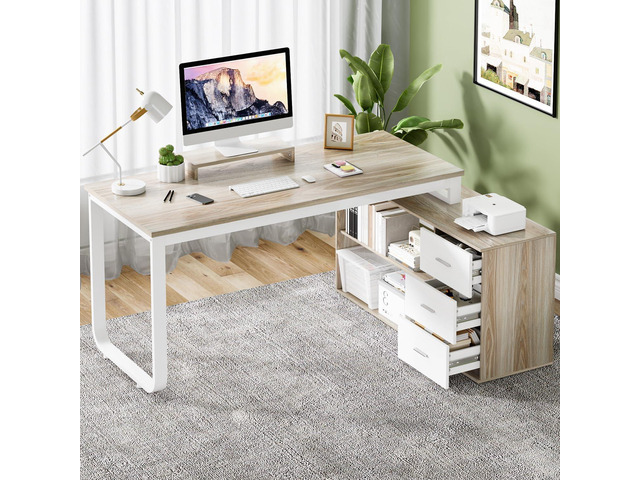 55 Inch Reversible L Shaped Computer Desk with 3 Drawers, Corner Desk with Storage Shelves and Removable Monitor Stand, White and Walnut