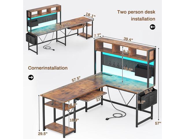 SEDETA L Shaped Gaming Desk with Hutch, 57.5 Reversible Corner Computer Desk with Storage Shelves, Gaming Desk with Pegboard, LED Lights, Power...