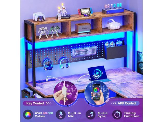 SEDETA L Shaped Gaming Desk with Hutch, 57.5 Reversible Corner Computer Desk with Storage Shelves, Gaming Desk with Pegboard, LED Lights, Power...