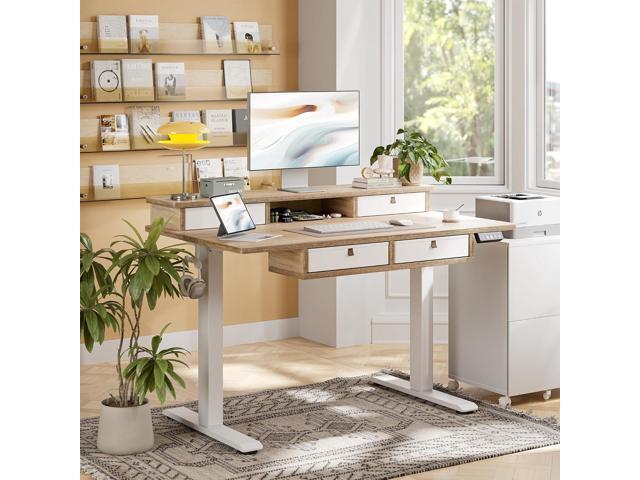 TIQLAB 48 * 28 Inch Standing Desk with Four Drawers, Electric Sit Stand Table, Stand Up Desk Adjustable Height with Storage Shelf, Splice Board, Maple