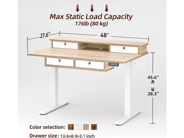 TIQLAB 48 * 28 Inch Standing Desk with Four Drawers, Electric Sit Stand Table, Stand Up Desk Adjustable Height with Storage Shelf, Splice Board, Maple