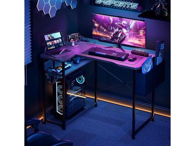 Small Gaming Desk with Power Outlets, 40 Inch L Shaped Desks with Reversible Shelves and Storage Bag,Computer Desk Corner Desk PC Desk for Gaming...