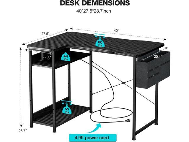 Small Gaming Desk with Power Outlets, 40 Inch L Shaped Desks with Reversible Shelves and Storage Bag,Computer Desk Corner Desk PC Desk for Gaming...