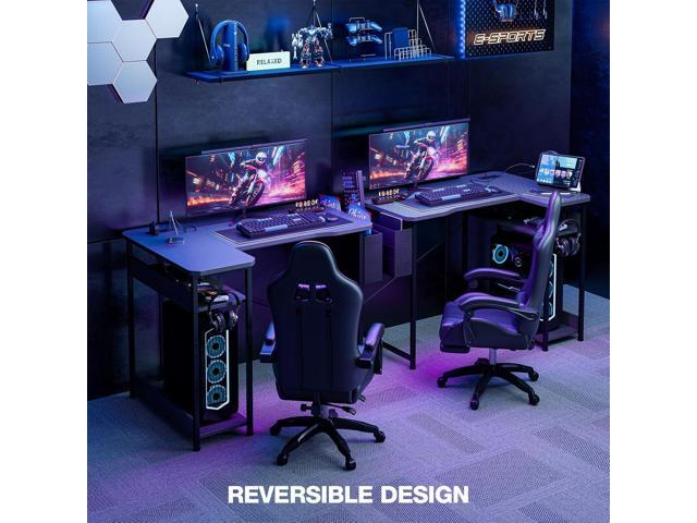 Small Gaming Desk with Power Outlets, 40 Inch L Shaped Desks with Reversible Shelves and Storage Bag,Computer Desk Corner Desk PC Desk for Gaming...