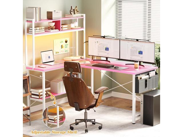 Aheaplus L Shaped Desk Gaming Desk, 59' L Shaped Computer Desk with LED Light & Power Outlet, Reversible Home Office Desk Gamer Desks with Shelves...