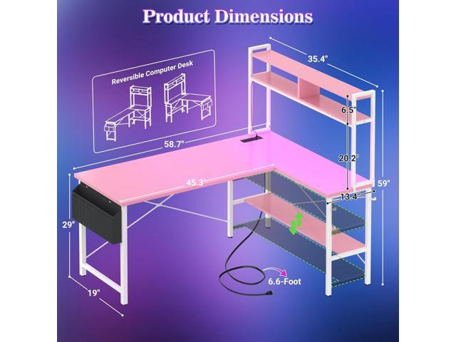 Aheaplus L Shaped Desk Gaming Desk, 59' L Shaped Computer Desk with LED Light & Power Outlet, Reversible Home Office Desk Gamer Desks with Shelves...