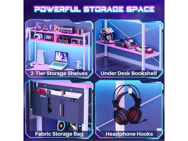 Aheaplus L Shaped Desk Gaming Desk, 59' L Shaped Computer Desk with LED Light & Power Outlet, Reversible Home Office Desk Gamer Desks with Shelves...