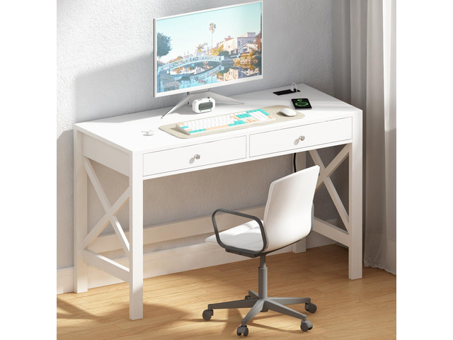 ChooChoo Computer Desk with USB Charging Ports and Power Outlets, 39' White Desk with Drawers, Small Study Writing Table with Stable X Frame for...