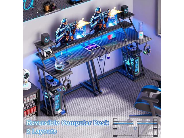 39 Inch Gaming Desk with LED Lights & Power Outlet, Small Gaming Computer Desk with Storage Shelves, L Shaped Gamer Workstations with Monitor Stand...
