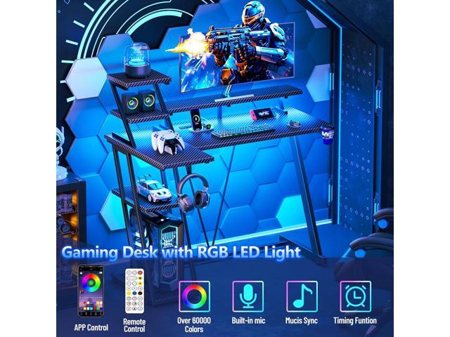 39 Inch Gaming Desk with LED Lights & Power Outlet, Small Gaming Computer Desk with Storage Shelves, L Shaped Gamer Workstations with Monitor Stand...