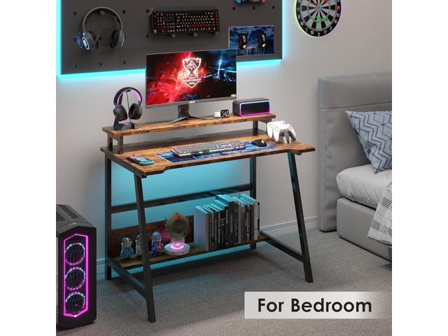 ALISENED 31.5 Inch Small Computer Desk with Storage for Bedroom Study Writing Home Office Table with Monitor Stand for Homeschool Brown