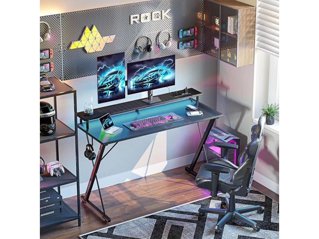 TIQLAB Gaming Desk with Power Outlets & LED 40 Inch Ergonomic Computer Carbon Fiber Surface Gamer Desk, Large Monitor Stand, Headphone Hook, PC...