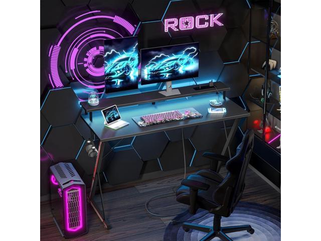 TIQLAB Gaming Desk with Power Outlets & LED 40 Inch Ergonomic Computer Carbon Fiber Surface Gamer Desk, Large Monitor Stand, Headphone Hook, PC...