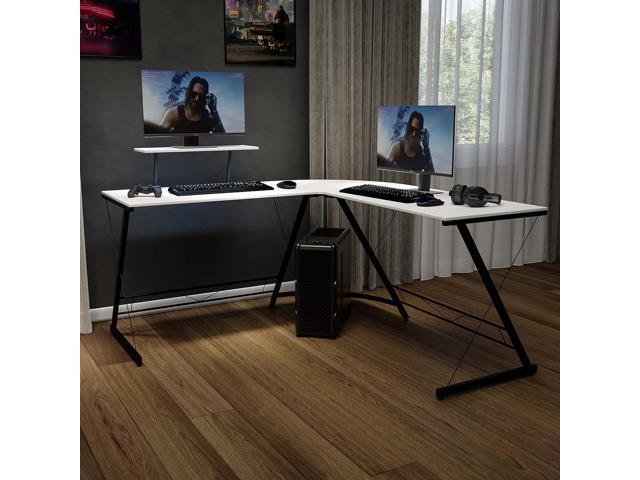 Flash Furniture Ginny Corner Desk - White/Black Space Saving L-Shaped Gaming Desk with Monitor Shelf - 71.5' 2-Tier Computer Desk, Home Office...