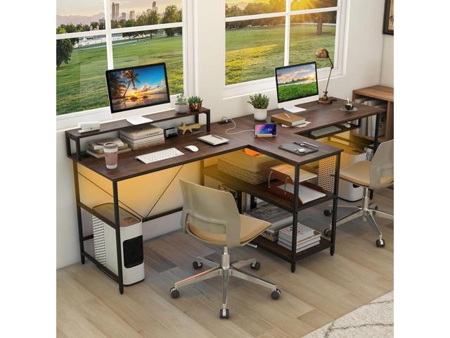 Tangkula 2-Person Reversible Computer Desk with LED Lights, 94.5 Long Office Desk with Power Outlets, Monitor Stand, Keyboard Tray & 2 Storage...