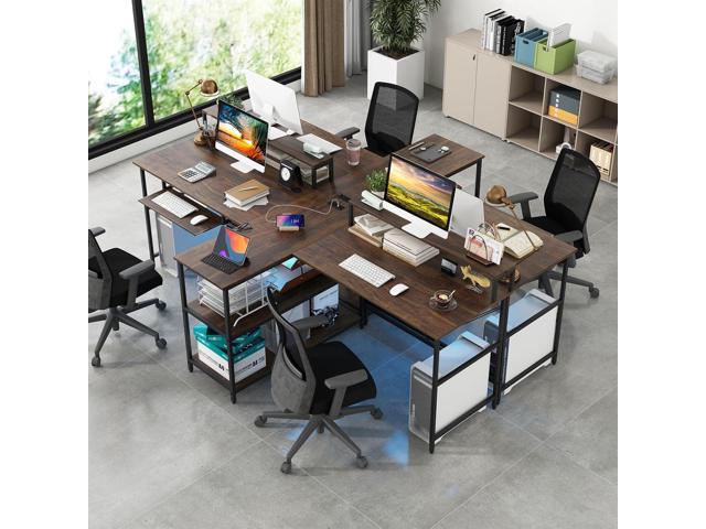 Tangkula 2-Person Reversible Computer Desk with LED Lights, 94.5 Long Office Desk with Power Outlets, Monitor Stand, Keyboard Tray & 2 Storage...