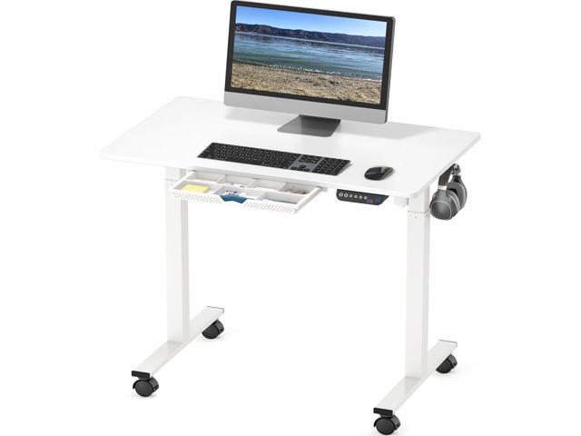 SHW 40-Inch Mobile Electric Height Adjustable Sit to Stand Desk with Drawer, Hanging Hooks and Cable Management, White