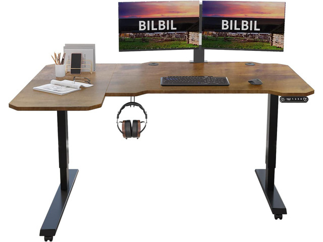bilbil L-Shaped Electric Height Adjustable Standing Desk 59 Inches, Stand Up Rising Table for Home Office with Splice Board, Black Frame and Rustic...