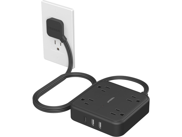 TESSAN Surge Protector Flat Extension Cord 5Ft, Flat Plug Power Strip 4 Outlets 3 USB Ports (1 USB C), 900 Joules Protection, Multiple Wall...