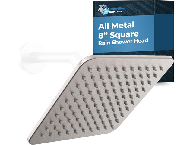 HammerHead Showers Solid Metal 8 Inch Square Rainfall Shower Head, High Flow Shower Head Optimized for Pressure, Brushed Nickel, 2.5 GPM