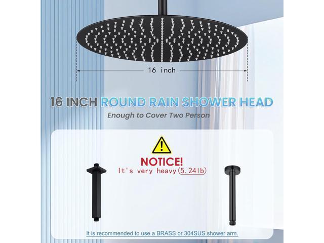 16 inch Matte Black Round Ceiling Rainfall Shower Head, All Metal Stainless Steel 304, Full Body Rainfall Shower with 230 Silicone Nozzles