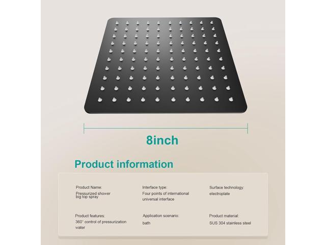 Square Rain Shower Head, High Flow Stainless Steel,Work with any decorative styleAll Metal Rainfall Shower Head (Matte Black, 8)