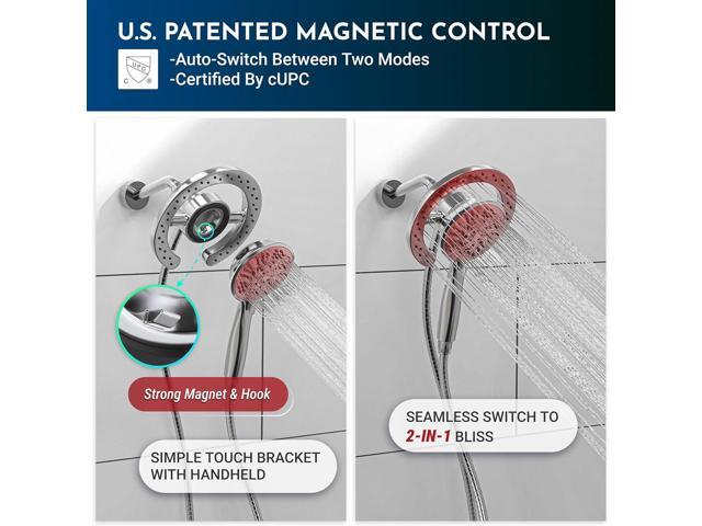 PRIMSOPH Shower Head Handheld Spray Combo 10 Mode Spray Settings Magnetic 2-in-1 High Pressure Dual Showerhead Auto-Switch Round Combination, Chrome