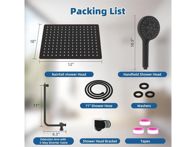 12' All Metal Shower Head, High Pressure 10-Spray Handheld Showerhead Rainfall Shower Head Combo with 11' Adjustable Shower Extension Arm, 71'...