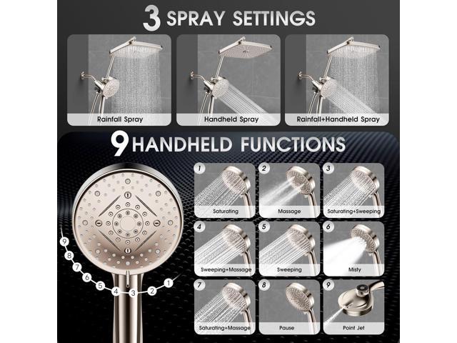 12' Rain Shower Head with Magnetic 4.7' 9-Mode Handheld Spray Combo, High Pressure Dual Shower Heads with Adjustable Extension Arm, with 59'' Extra...