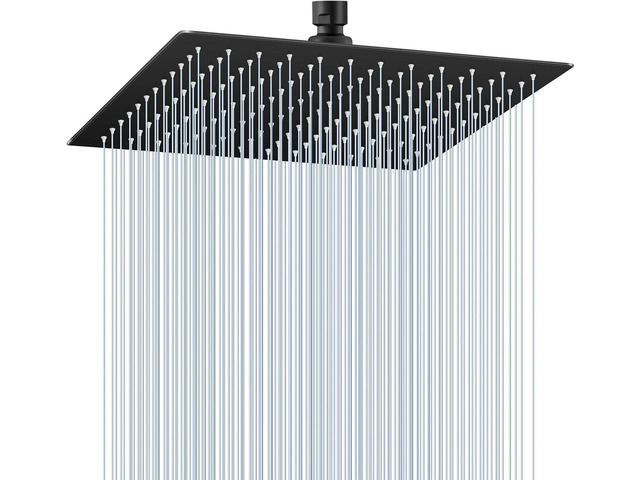 12 inch Matte Black Rain Shower Head - All Metal 304 Stainless Steel, Full Body Rainfall Shower with 144 Silicone Nozzles - Square Showerheads...