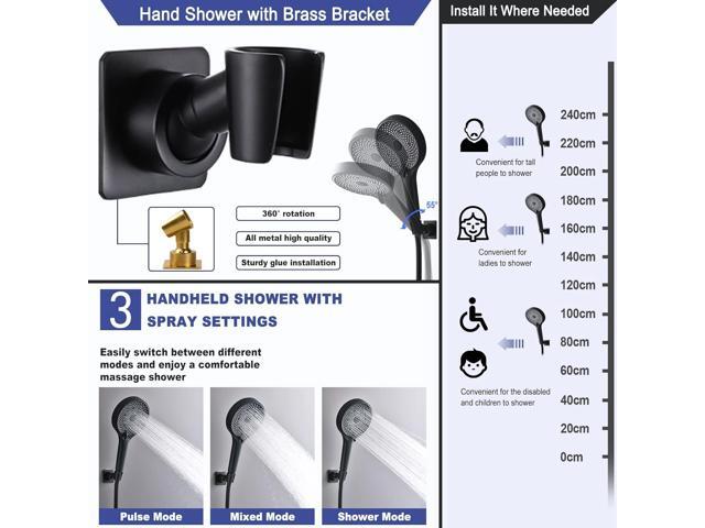 10' Rainfall Shower Head with Handheld Combo, Upgrade 12' Extension Arm Height Adjustable, 3-Way High Pressure Spray, Brass Holder Extra Long Hose,...