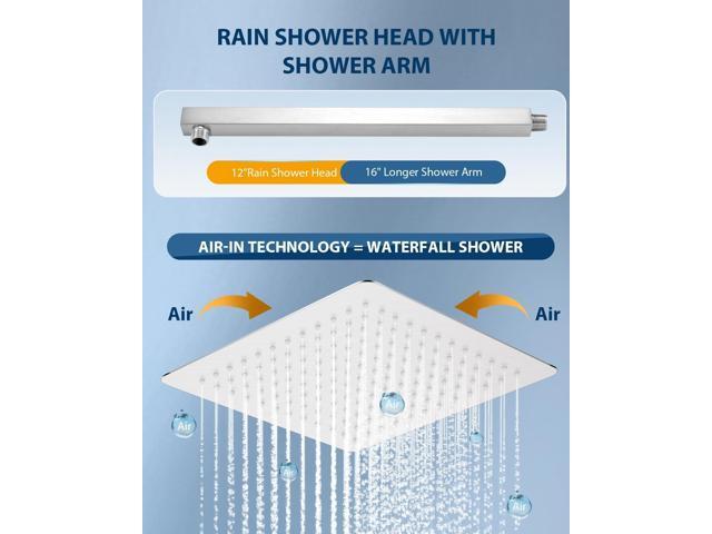 All Metal Rainfall Shower Head with Extension Arm Brushed Nickel, 12' Large Rain Square Showerhead with 16' Shower Arm All Stainless Steel, 144...
