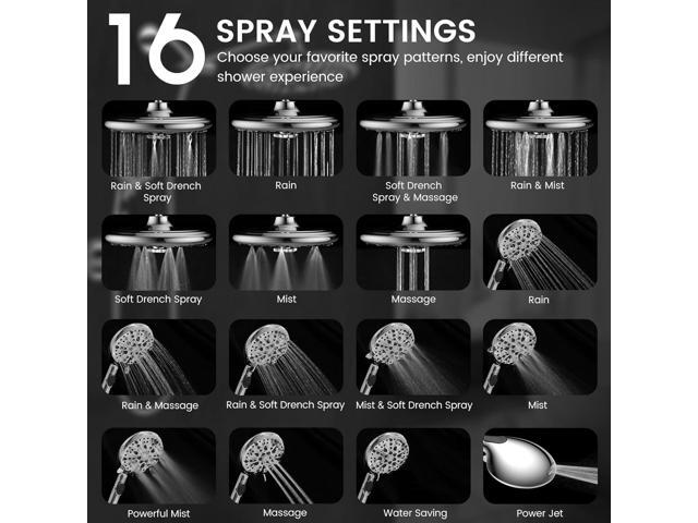 FEELSO 10' High Pressure Shower Head Combo with Handheld Spray, 16 Settings, 11' Adjustable Arm, ON/OFF Pause Switch (Chrome)