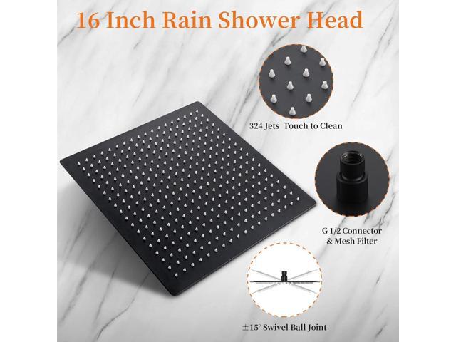 16 Inch Square Rain Shower Head, 304 Stainless Steel, Ultra Thin High Pressure Bathroom Rainfall Showerhead (Matte Black) (324 Jets)