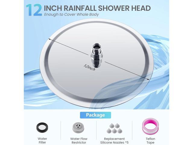 12 inch Ceiling Rainfall Shower Head Chrome - All Metal Stainless Steel Full Body Round Rain Shower with 120 Silicone Nozzles Modern Bathroom