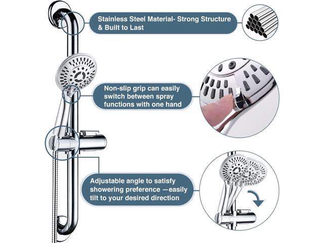 BRIGHT SHOWERS Stainless Steel Grab Bar Set Includes Handheld Shower Head with Extra Long Hose, Shower Head and Hose Chrome Plated