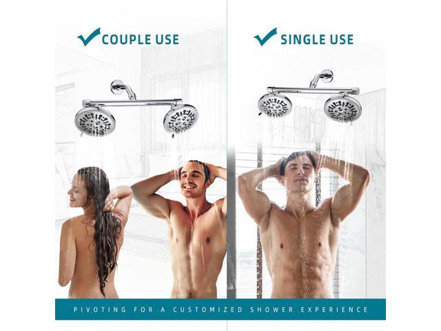 Double Shower Head with Built-in 2 Shut Off Valve Shower Splitter, High Pressure 8 Setting Dual Shower Head, Perfect for Couples in Walk-in...