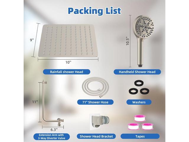 All Metal Shower Head, 10' High Pressure Rainfall/Handheld Shower Combo with 11' Extension Arm, 10-Spray Handheld Showerhead, 71' Long Hose, 3-Way...