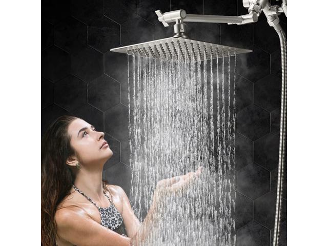 G-Promise All Metal 8 Inch Dual Square Shower Head with Handheld Spray Combo, Rain Shower Head, Adjustable Extension Arm, 3-Way Diverter, 71 Inch...
