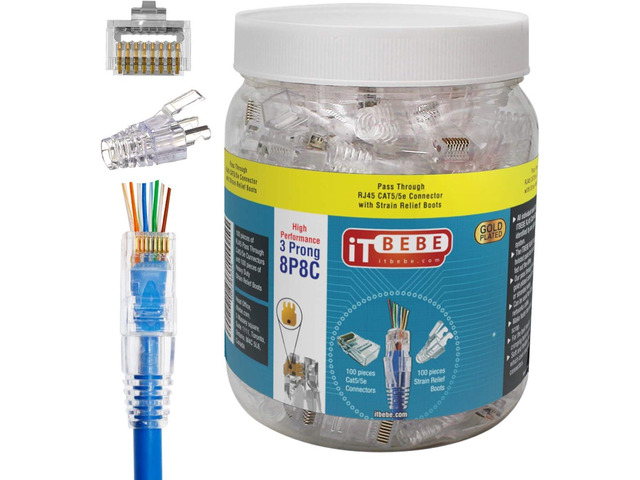 ITBEBE 100/100 RJ45 Cat5 Cat5e Pass Through Connectors for 24 AWG Cables - 100 Cat5e Passthrough Connector Ends and 100 RJ45 Connectors Clear...