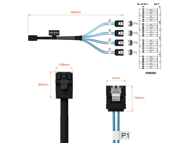 Internal HD Mini SAS to 4XSATA Cable,1.6ft SFF-8643 Host to 4X SATA Target Cable Compatible with Raid Controller Hard Drive