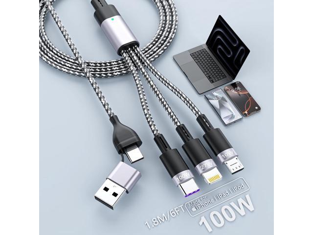 100W 6A USBC Multi Charging Cable, 3-in-2 USB C/A to Multi Phone Charger Cord with Type C/Lightning/Micro USB Port, 6FT Braided Universal Multi...