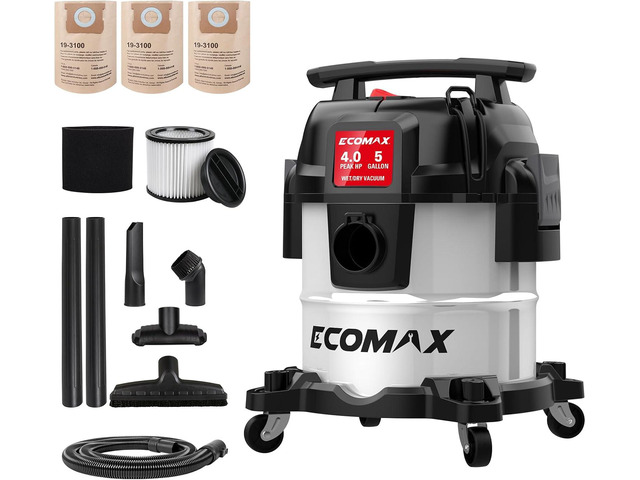 ECOMAX 5 Gallon Ultra Quiet Stainless Steel Shop Vacuum Wet and Dry