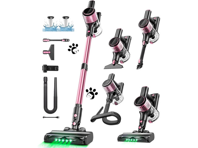 Cordless Vacuum Cleaner, 10 in 1 Stick Vacuum with Powerful Suction, Hose, Green LED Light, Anti-Tangle Brush, Lightweight Rechargeable Vacuum...