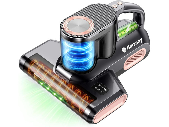 Amzany Cordless Mattress Vacuum Cleaner, 18Kpa Bed Vacuum with 253.7nm UV-C Light & Ultrasonic, 52800 BPM Tapping, 3-Stage HEPA, Green Light Dust...