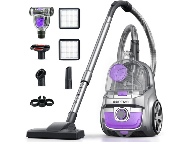 Aspiron 40Kpa Canister Vacuum Cleaner, 1600W Bagless Canister Vacuum Cleaner with 5 Tools, Auto Cord Rewind, H13 HEPA Filter, 4Qt Large Cup, for...